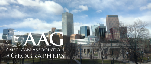 Konferenzgebäude und Logo der AAG in Denver